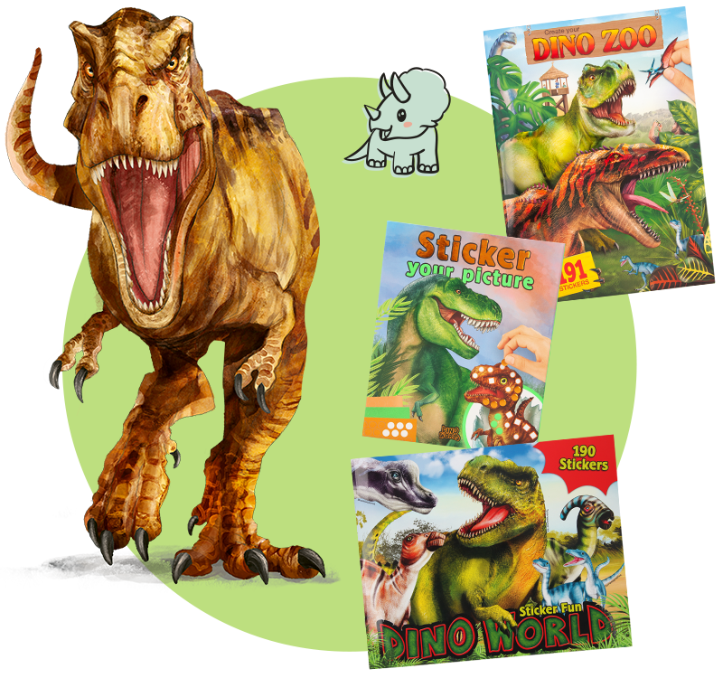 Koláž kreativních produktů Dino World: T-Rex a samolepkové sešity