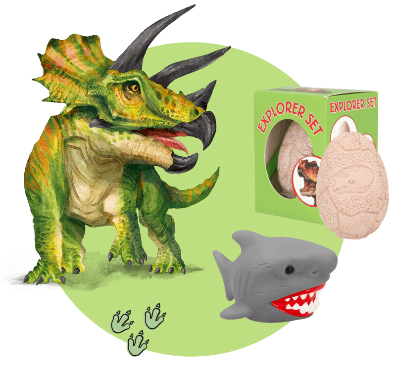 Koláž hraček Dino World: triceratops, průzkumnická sada a žralok