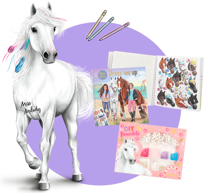 Koláž kreativních produktů Miss Melody: bílý kůň, omalovánky a sada náramků