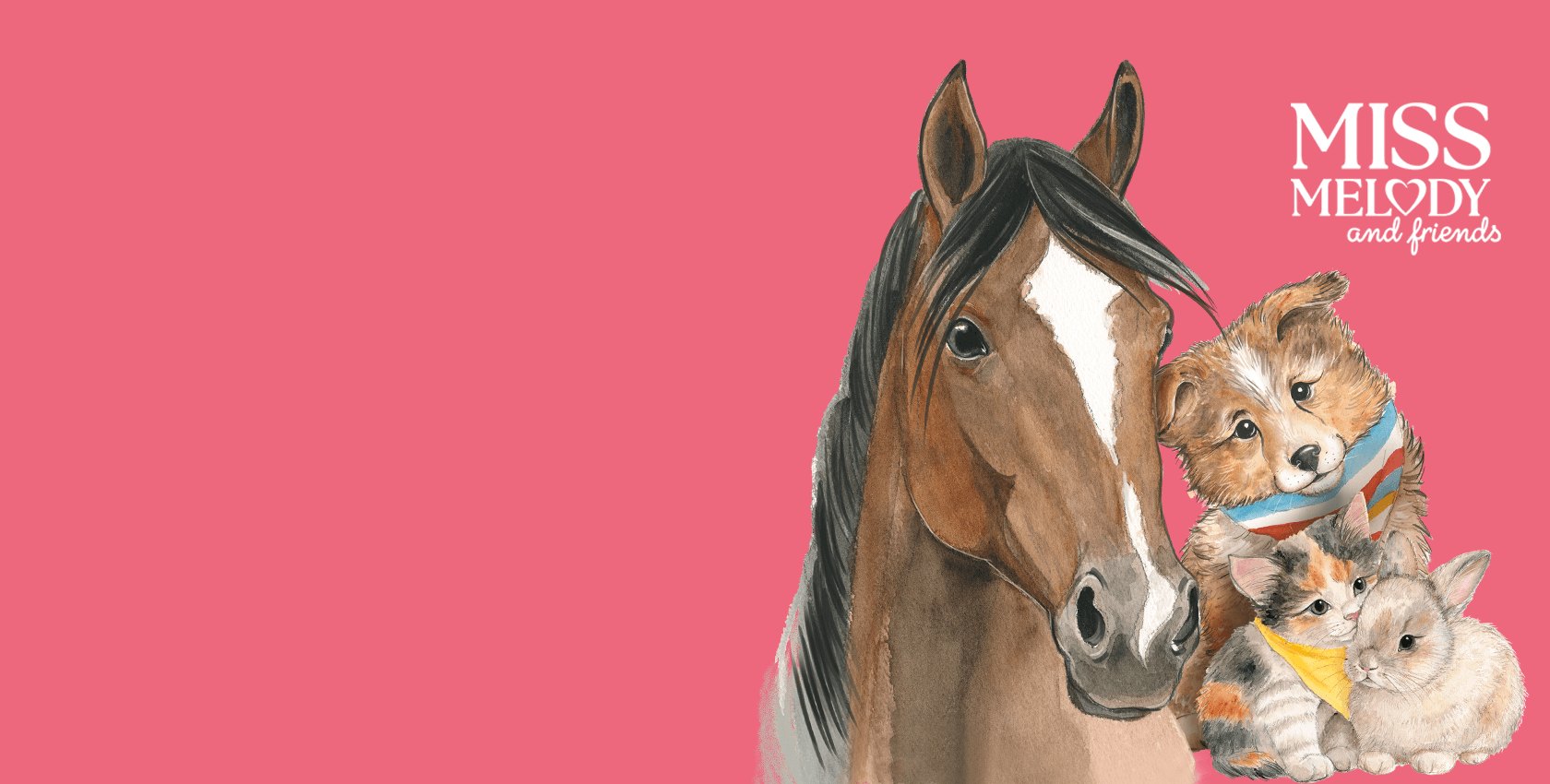 Ilustrace koně Miss Melody s pejskem, kočkou a králíčkem